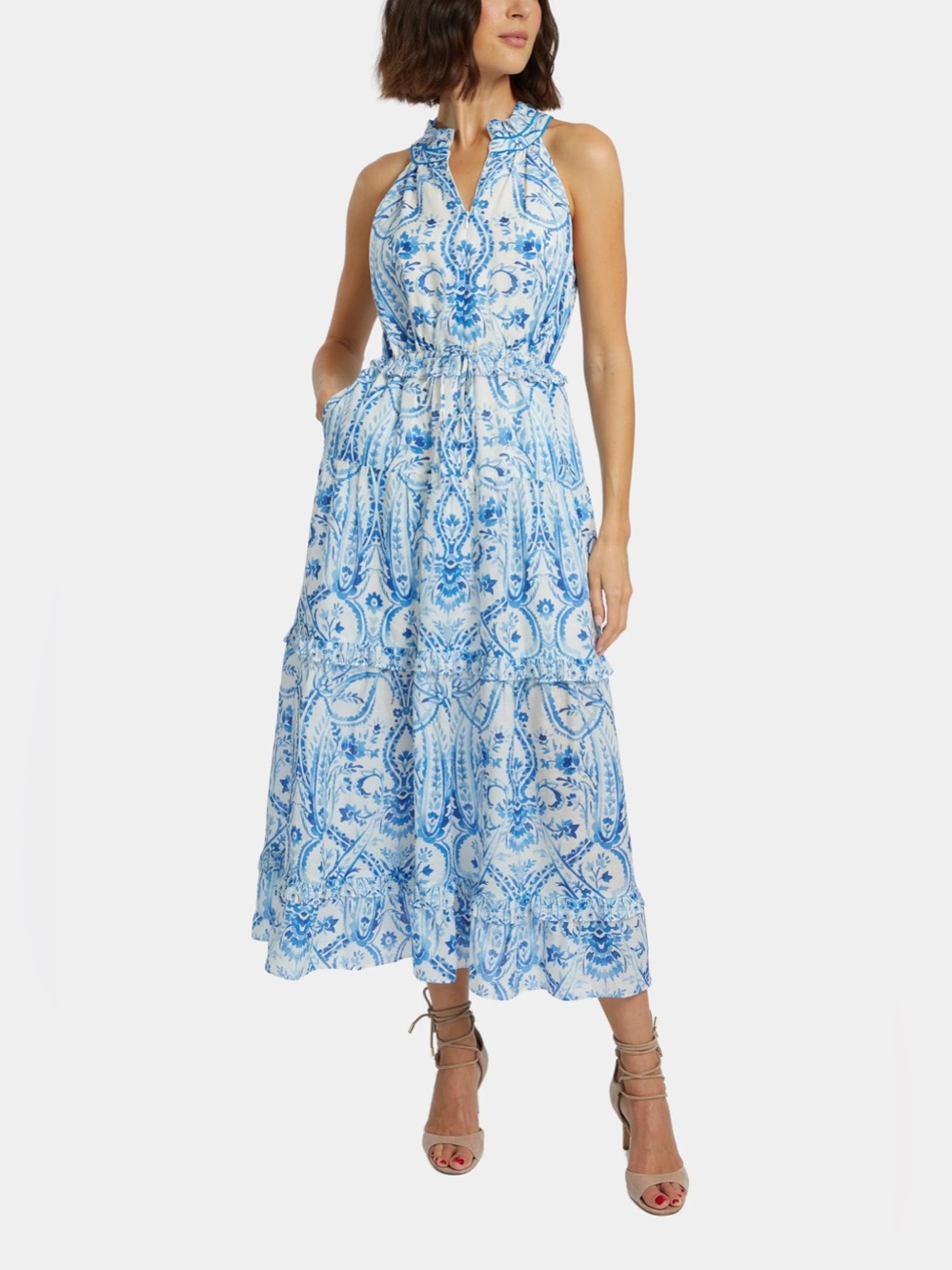 Cabellero Hollie Blue Paisley Halter Maxi Dress with Drawstring Waist XS